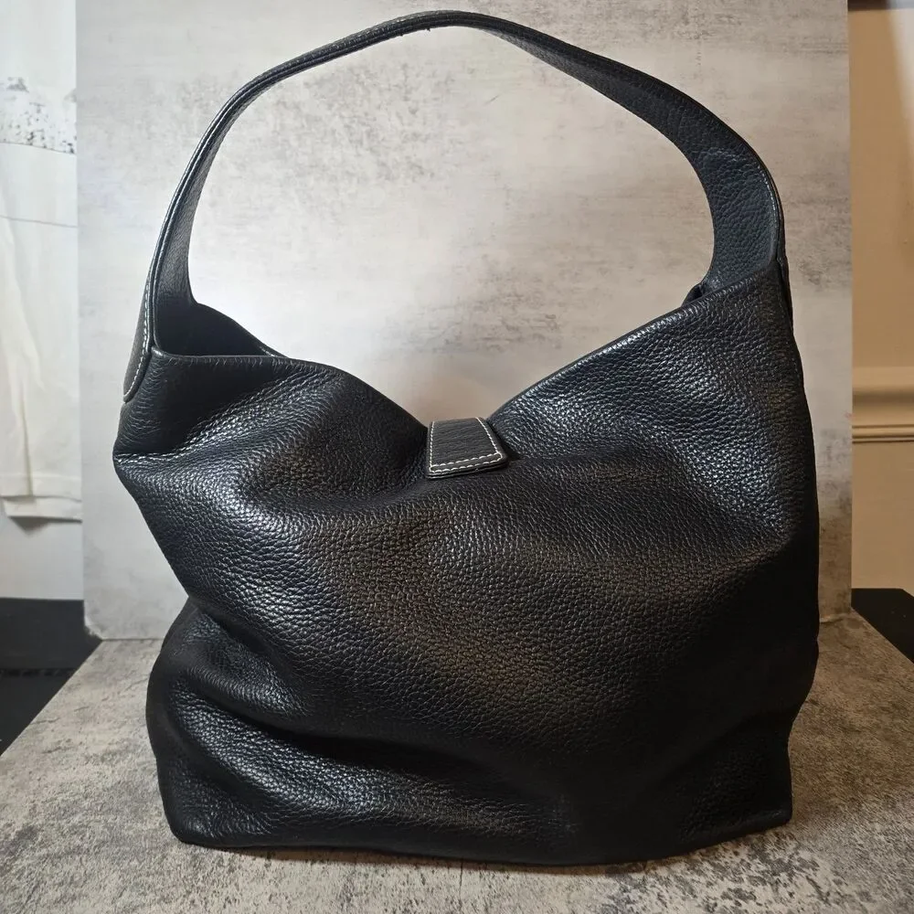 Vtg Dooney & Bourke Lucca Leather Logo Lock Hobo Black Pebbled Gold Hardwear